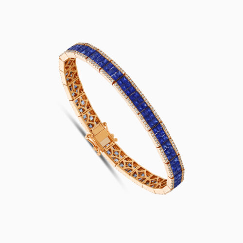 Rose gold blue sapphire tennis bracelet, 1.45 carat diamonds