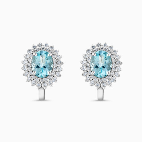 White gold diamond and aquamarine stud earrings, 3.16 carat stones