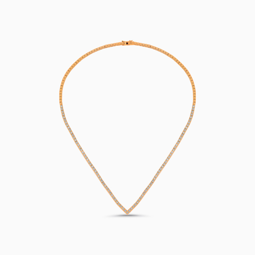 Rose gold tennis diamond necklace, 2.22 carat round brilliant diamonds