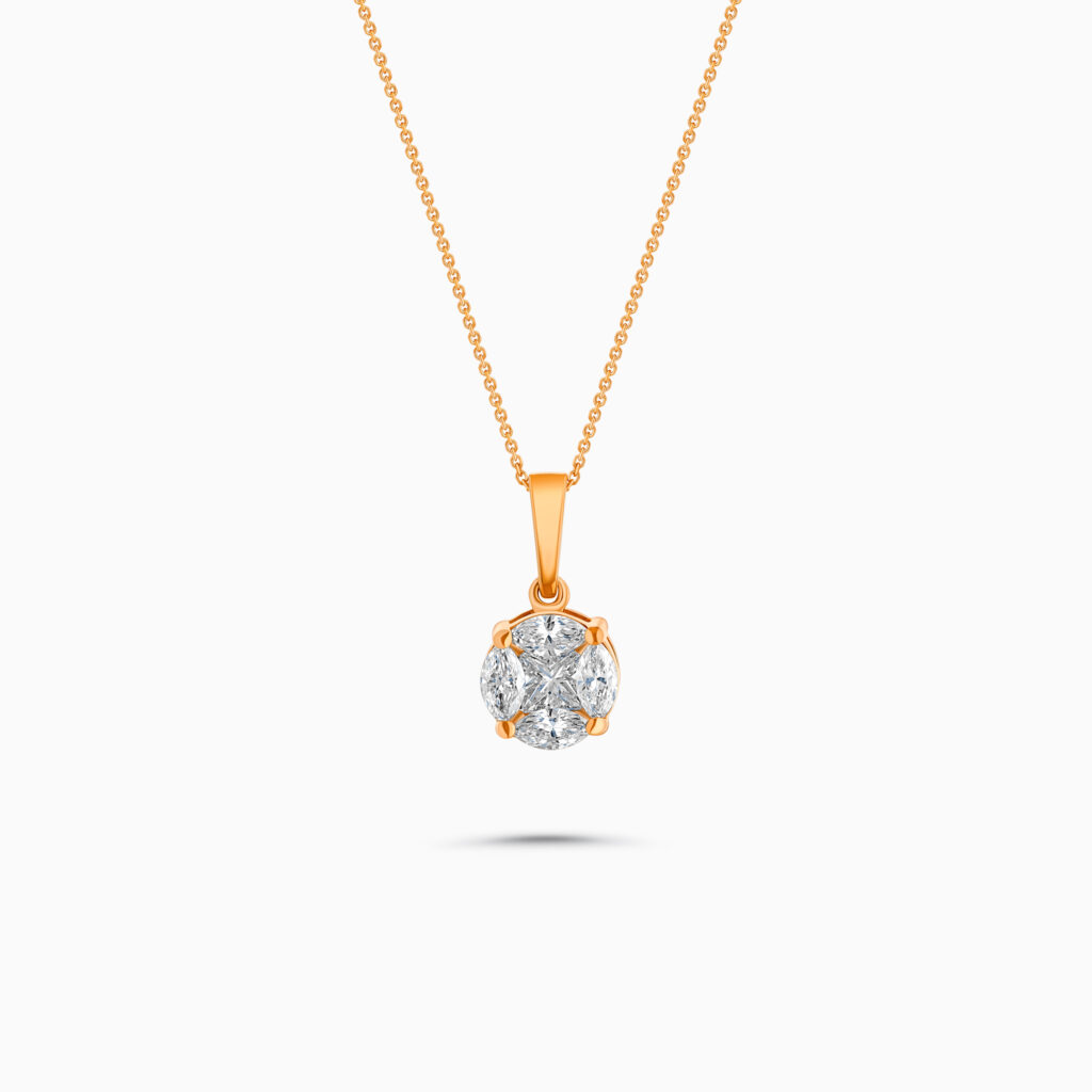 18K rose gold diamond pendant with princess and marquise diamonds