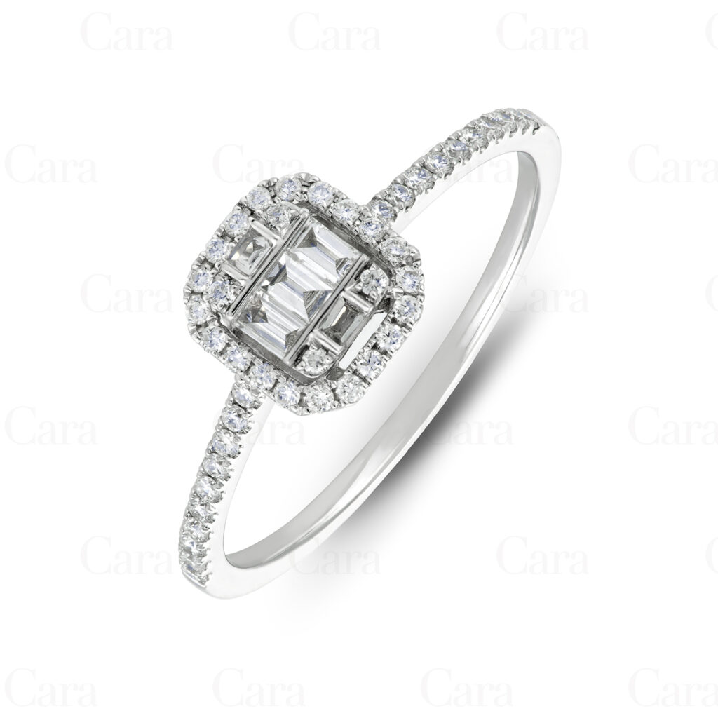 White gold engagement ring with baguette-cut diamond