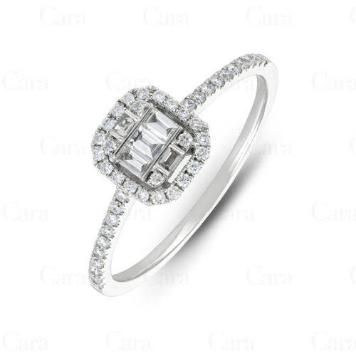 White gold engagement ring with baguette-cut diamond