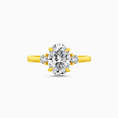 Yellow gold oval diamond trilogy ring, 2.07 carat lab-grown diamond
