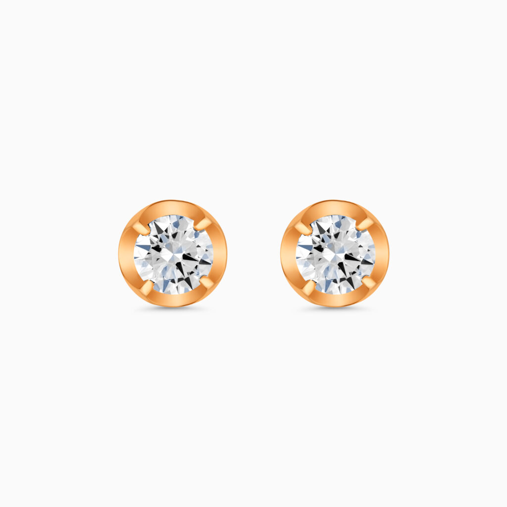 18K rose gold solitaire stud earrings with round diamonds