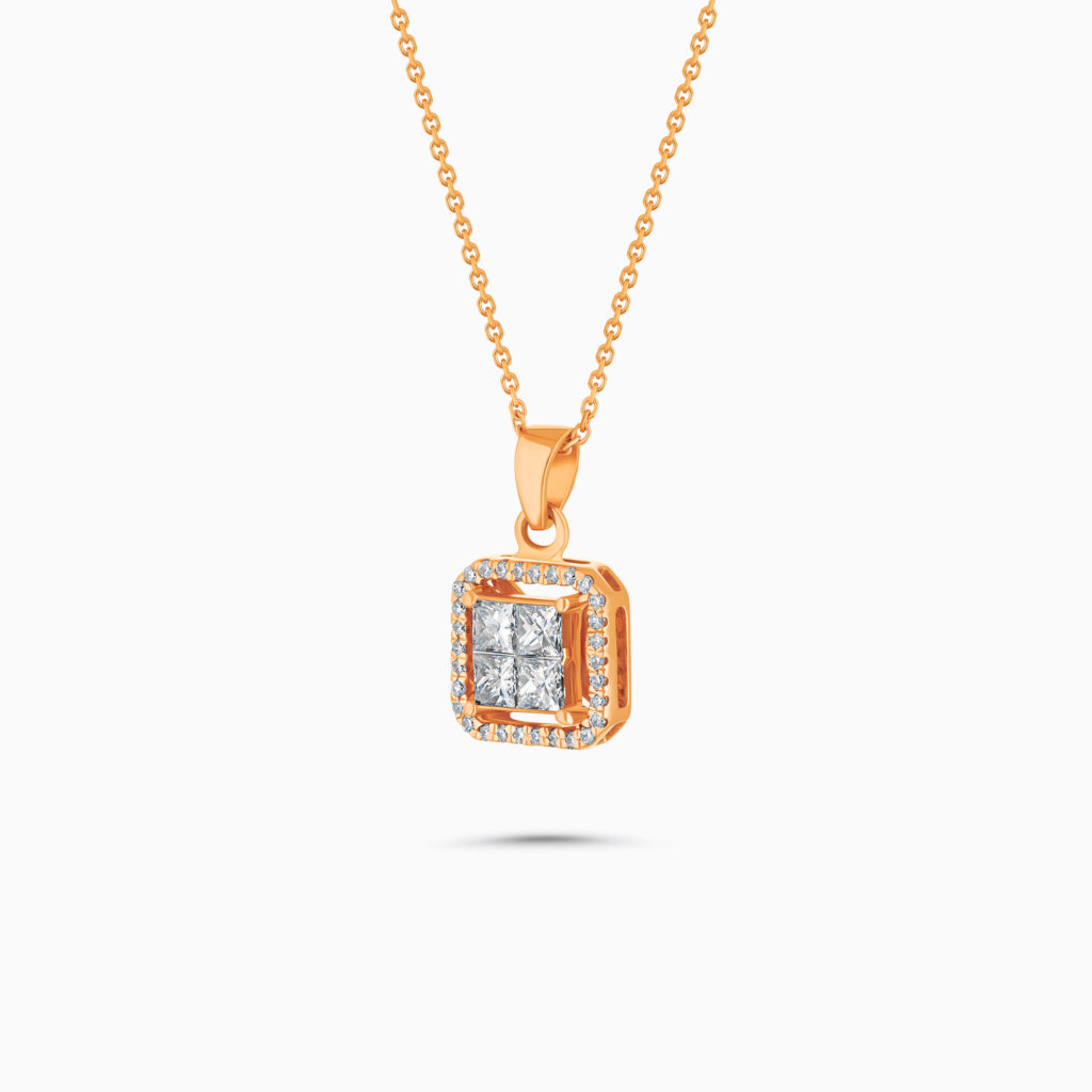 18K RG Halo Diamond Pendant with Princess Cut Center