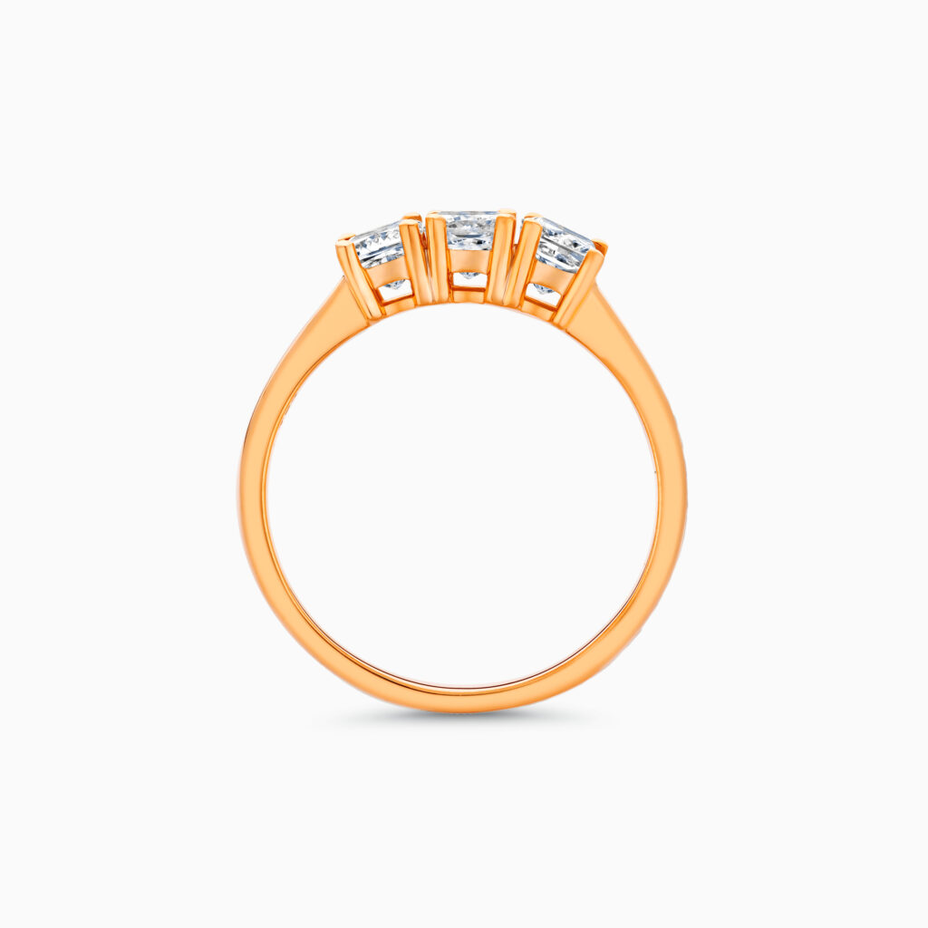 Rose gold three-stone princess cut diamond ring, 1.14 carat lab-grown diamonds