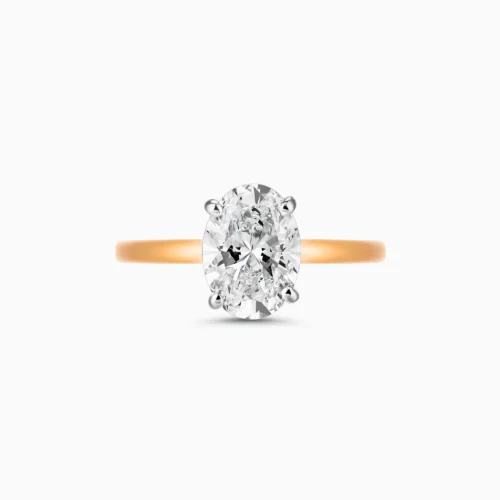 Rose gold oval cut diamond ring, hidden halo design