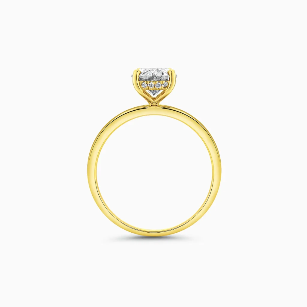 Yellow gold oval diamond ring, hidden halo design, 1.64 carat lab-grown diamond