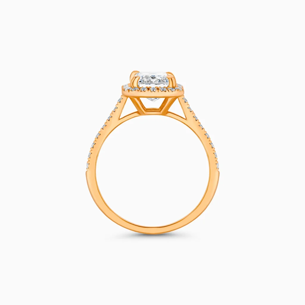 18K rose gold emerald-cut halo diamond ring
